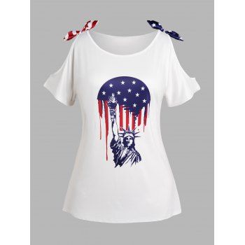 

Plus Size T Shirt Star Striped Statue Of Liberty Print Bowknot Cut Out Patriotic Tee, White