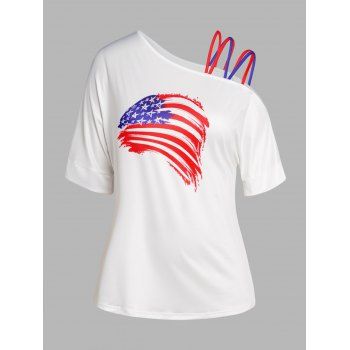 

Plus Size Skew Neck T Shirt Star Striped Print Patriotic Long Tee, White