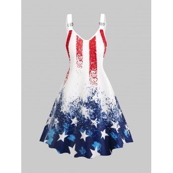 

Star And Stripe American Flag Print Dress O Ring V Neck Casual Dress, White