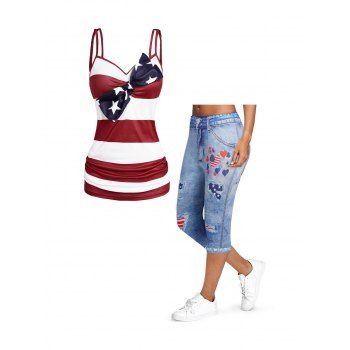 

Patriotic Star And Stripe Print Bowknot Ruched Tank Top And Heart 3D Faux Denim Print Elastic Waist Capri Jeggings Outfit, Multicolor