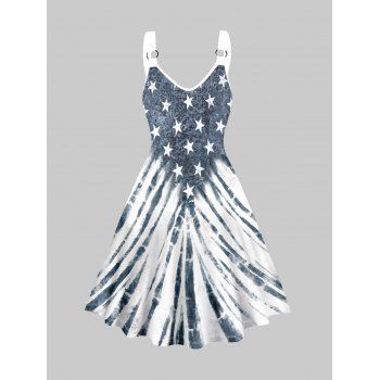 

Tie Dye Star And Stripe Print Dress O Ring V Neck Sleeveless Casual Dress, Deep blue