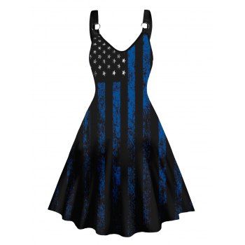 

Patriotic Dress Striped Star Print V Neck Sleeveless High Waisted A Line Mini Dress, Black