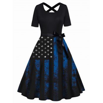 

Star Striped Print Dress Crossover Back Bowknot Belted High Waisted A Line Midi Dress, Black