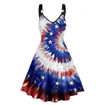 

Swirl Tie Dye Star Print Dress V Neck O-ring Strap High Waisted Sleeveless A Line Mini Dress, White
