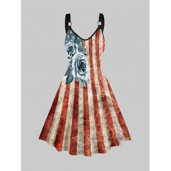 

Flower American Flag Print Dress Star Stripe O Ring V Neck Casual Dress, Red