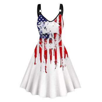 

Skull Star Striped Print Dress American Flag V Neck O-ring Strap A Line Mini Dress, White