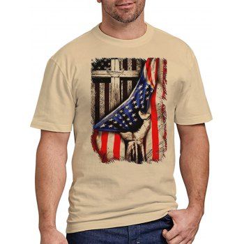 

American Flag Cross Print T-shirt Round Neck Short Sleeve Patriotic Tee, Light coffee