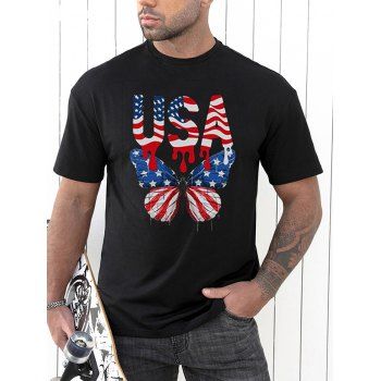 

Patriotic T Shirt Letter Butterfly Star Striped Print Round Neck Short Sleeve Tee, Black