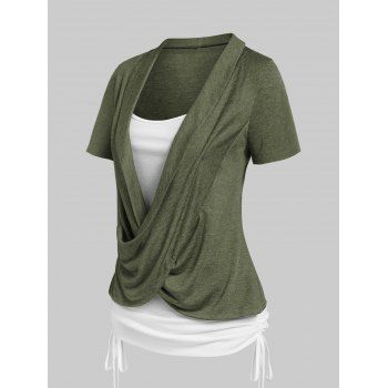 

Heathered Cinched Cross Short Sleeves Contrast Colorblock Faux Twinset Tee, Deep green