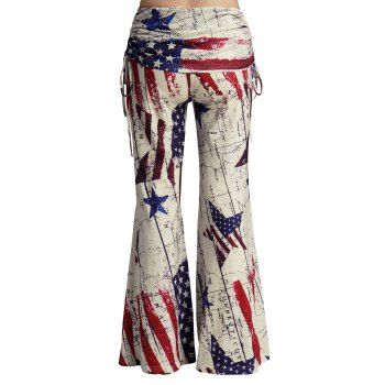 Star And Stripe American Flag Map Print Wide Leg Pants Cinched Foldover Patriotic Loose Pants
