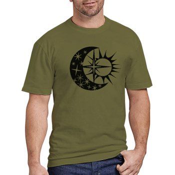 

Moon Sun Star Print T Shirt Round Neck Short Sleeve Casual Tee, Army green