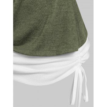 Heathered Cinched Cross Short Sleeves Contrast Colorblock Faux Twinset Tee