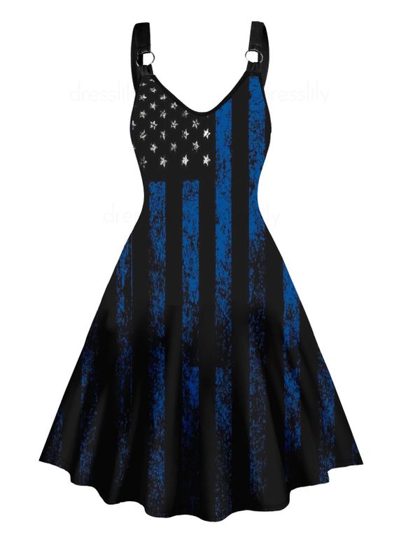 Mini Robe Patriotique Ligne A Rayée à Imprimé Etoile à Taille Haute sans Manches - Noir M