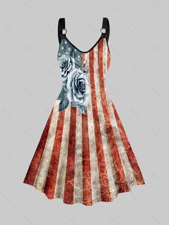 Flower American Flag Print Dress Star Stripe O Ring V Neck Casual Dress - RED XL