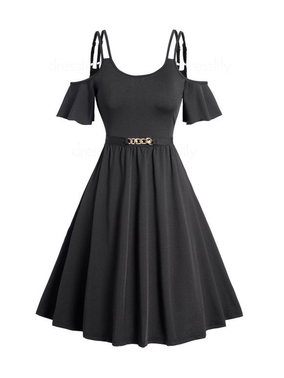 Cold Shoulder Short Sleeve Dress Dual Strap Metal Chain Detail Casual Dress - BLACK M