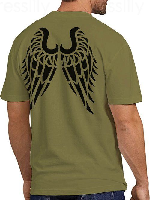 T-shirt Décontracté Motif D'Aile à Manches Courtes à Col Rond - Vert Armée XXXL