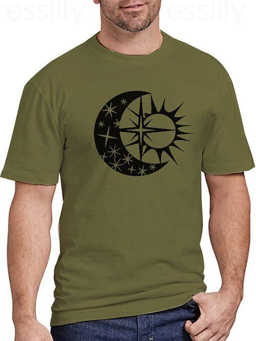 T-shirt Décontracté à Imprimé Etoile Lune et Soleil à Manches Courtes à Col Rond - Vert Armée XL