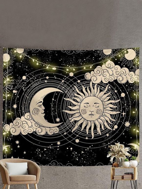 Tapisserie Murale à Imprimé Arbre Lune Soleil et Galaxie Décor Maison - Noir 150 CM X 130 CM