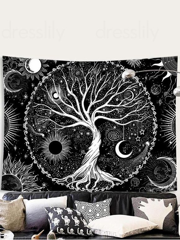 Tapisserie Murale à Imprimé Arbre Lune Soleil et Galaxie Décor Maison - Blanc 150 CM X 130 CM