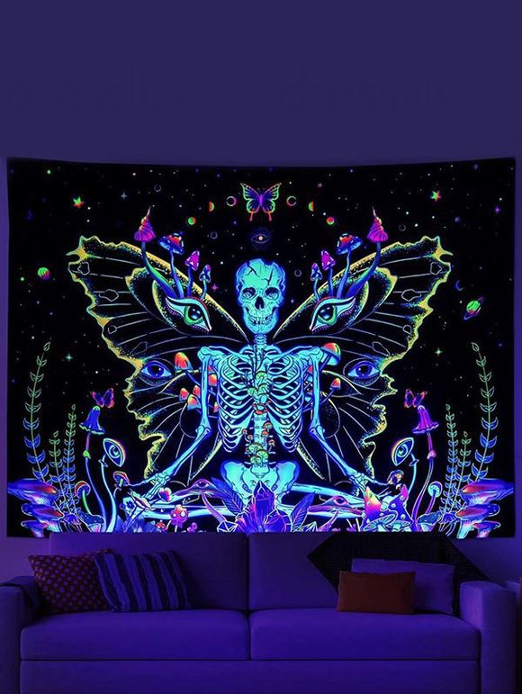 Tapisserie Murale Décorative à Imprimé Squelettes Papillons et Champignons - multicolor G 150 CM X 130 CM