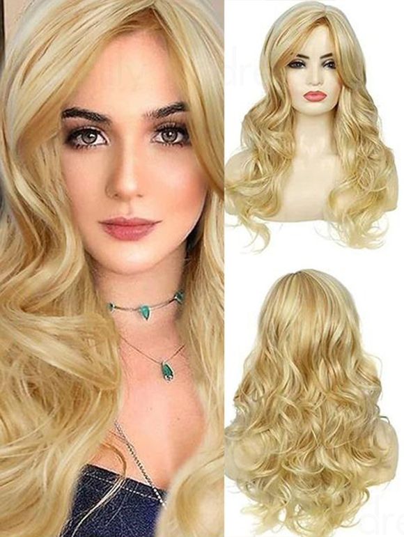 Highlight Wavy Side Bangs Long Capless Synthetic Wig - GOLDEN 