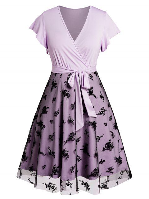 Plus Size Dress Mesh Overlay Flower Pattern Surplice Self Belted Butterfly Sleeve High Waist A Line Midi Dress