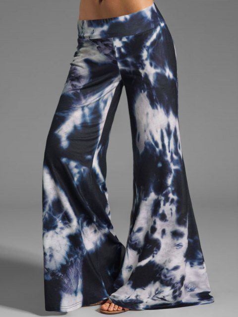 Tie Dye Print Wide Leg Pants Elastic Low Waist Casual Long Flare Pants