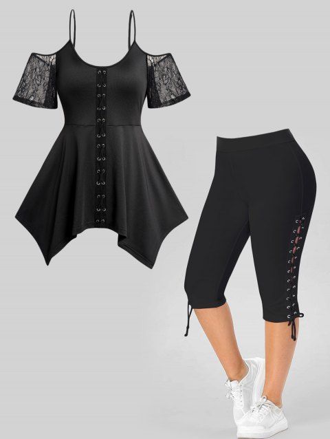 Ensemble de T-shirt Décontracté Asymétrique Croisé Panneau en Dentelle à Epaule Dénudée Grande Taille et Legging Capri à Lacets