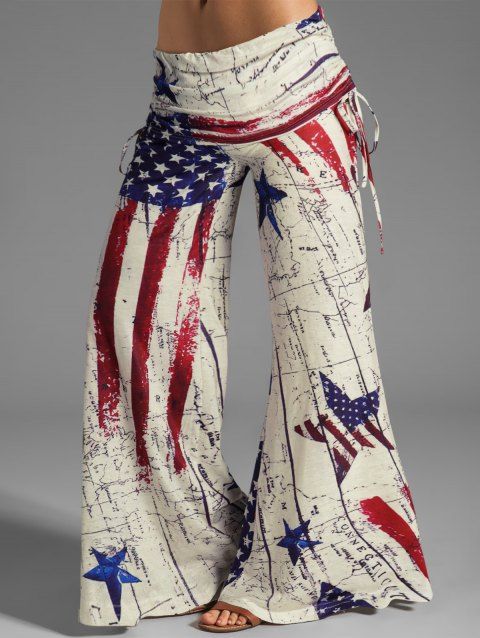 Pantalon Lâche Patriotique à Imprimé Drapeau Américain Carte Rayée à Jambe Large