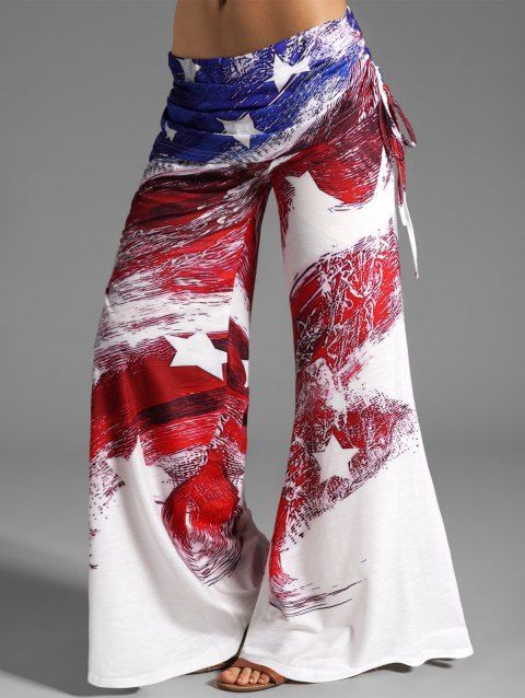 Pantalon Fluide Lâche à Imprimé Drapeau Américain Patriotique à Taille Elastique à Jambe Large