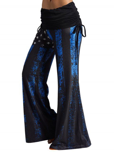 American Flag Star And Stripe Print Wide Leg Pants Cinched Foldover Patriotic Loose Pants