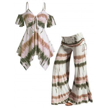 

Tie Dye Print Cold Shoulder Asymmetric Cinched T Shirt And Cinched Foldover Wide Leg Pants Casual Outfit, Multicolor