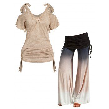 

Cold Shoulder Bowknot Strap Cinched Short Sleeve T-shirt And Ombre Print Foldover Elastic Waist Wide Leg Pants Outfit, Multicolor
