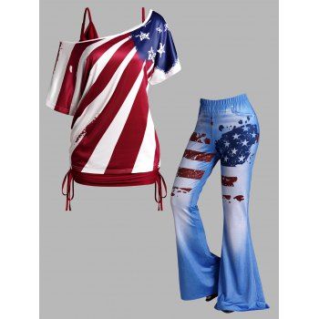 

American Flag Print Skew Neck T Shirt Cinched Ruched Tank Top And Faux Denim 3D Print Flare Pants Patriotic Outfit, Multicolor