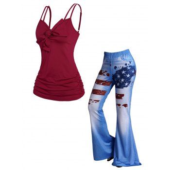

Ruched Bowknot Adjustable Straps Tank Top And American Flag Faux Denim 3D Print Flare Pants Patriotic Outfit, Multicolor