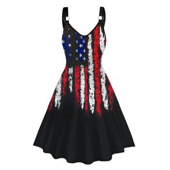

Star Striped American Flag Print Dress V Neck O-ring Strap Sleeveless A Line Mini Dress, Black