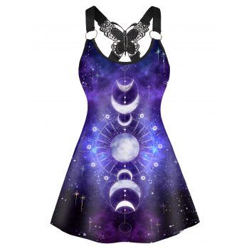 

Moon Phase Galaxy Print Tank Top Butterfly Lace Casual Tank Top, Black