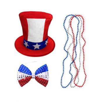 

Patriotic Party Favors Colorblock Star Top Hat Sequined Bowknot Tie And 3Pcs Necklace Set, Multicolor