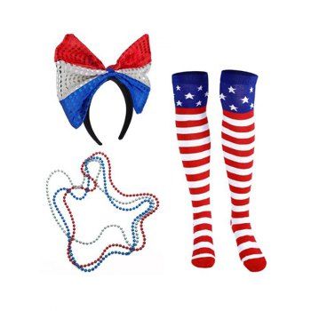 

American Flag Thigh High Stockings Sequins Bowknot Hairband And Beaded Chain Necklaces Party Set, Multicolor