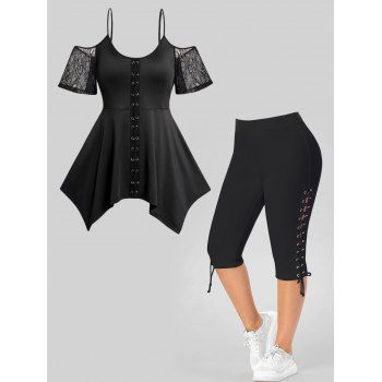 

Plus Size Crisscross Cold Shoulder Lace Panel Asymmetrical Hem T Shirt And Lace Up Eyelet Capri Leggings Casual Outfit, Black