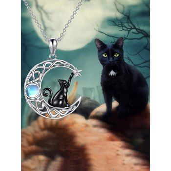 Rhinestone Moon Cat Star Pendant Chain Necklace