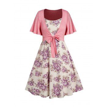 

Plus Size Dress Flower Spaghetti Strap High Waisted A Line Midi Dress And Tied Front Cropped Top Set, Light pink