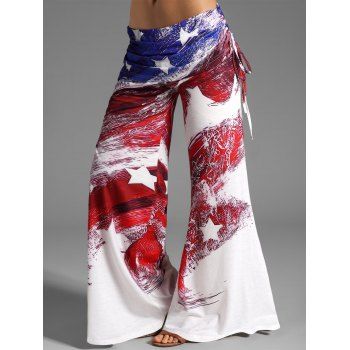 

American Flag Print Patriotic Wide Leg Pants Cinched Foldover Elastic Waist Loose Pants, Multicolor