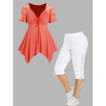 

Plus Size Lace Panel Asymmetric Cinched Ruched T Shirt And Lace Up Eyelet Capri Leggings Casual Outfit, Multicolor a