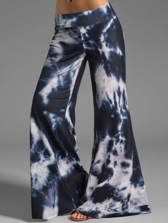 Pantalon Décontracté Evasé Long Teinté Imprimé Taille Basse à Jambe Large - Bleu profond XL