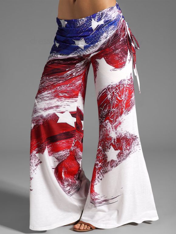 American Flag Print Patriotic Wide Leg Pants Cinched Foldover Elastic Waist Loose Pants - multicolor XL