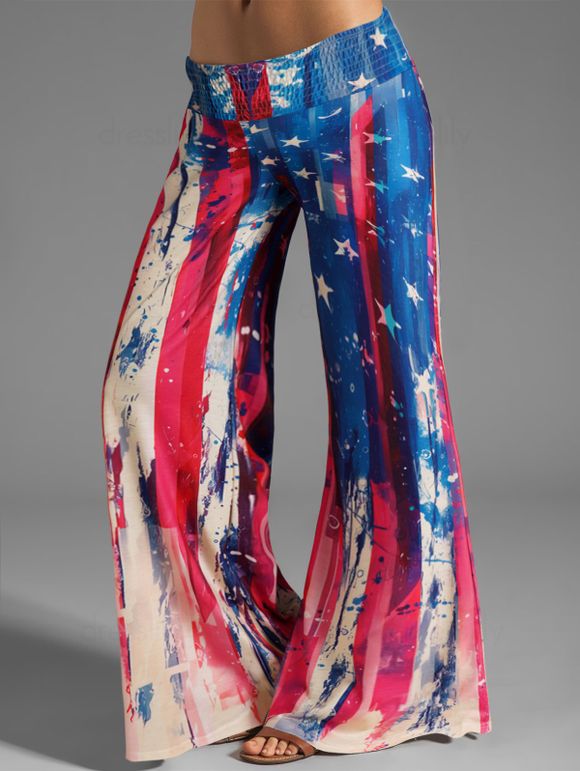Star And Stripe Splash Painting Print Wide Leg Pants American Flag Long Shirred Waist Loose Pants - multicolor S
