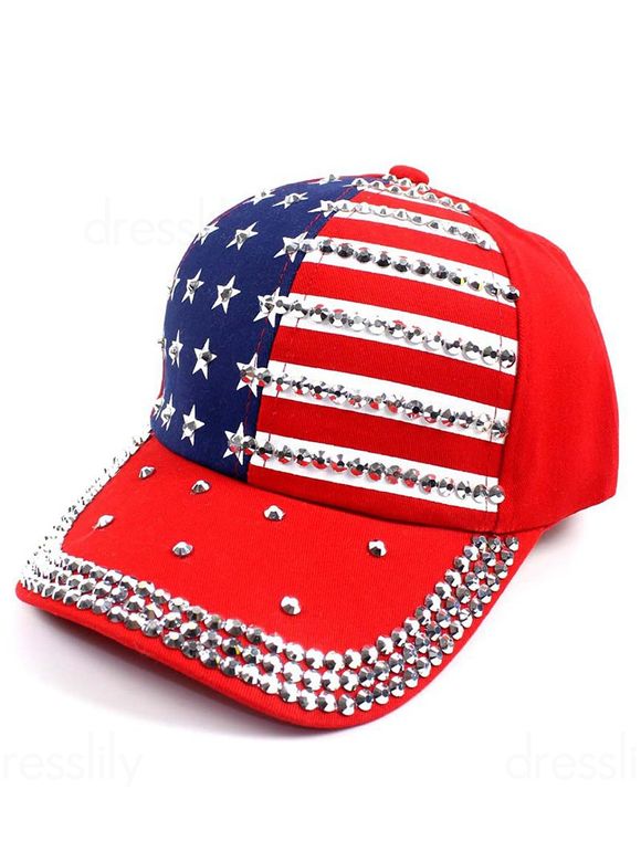 Rivet Rhinestone American Flag Print Baseball Hat - RED 1PC