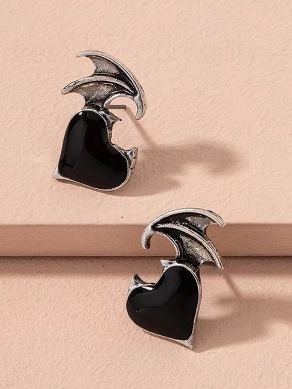 Boucles D'Oreilles Clous Motif Cœur et Ailes Style Gothique - Noir 