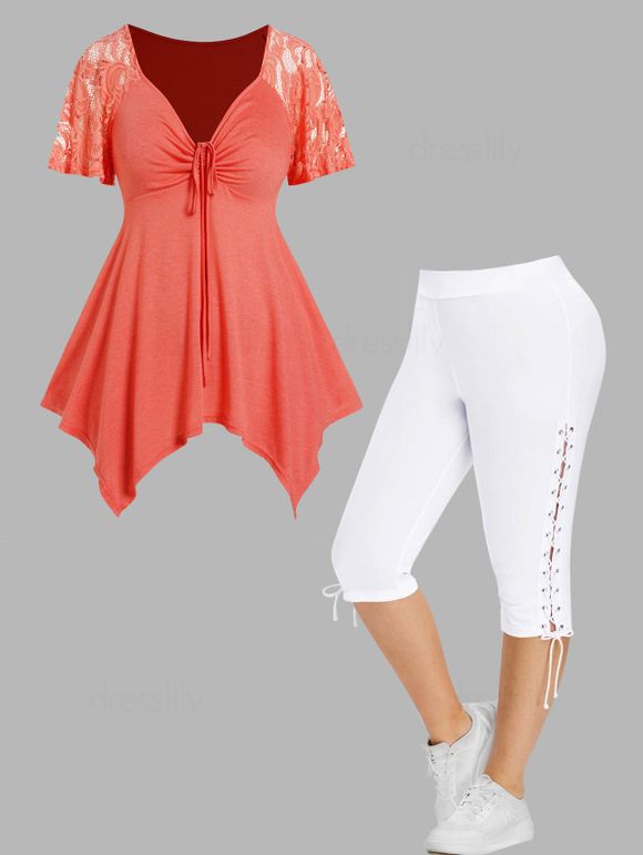 Plus Size Lace Panel Asymmetric Cinched Ruched T Shirt And Lace Up Eyelet Capri Leggings Casual Outfit - multicolor A L